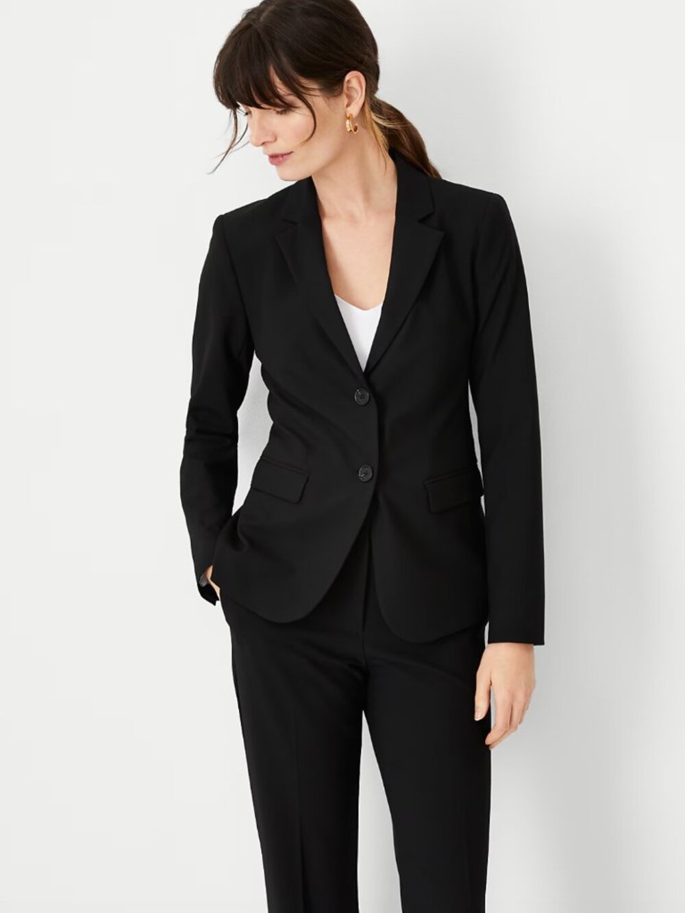 Ann Taylor Black Seasonless Stretch Trouser Notched Two Button Blazer Suit Set
